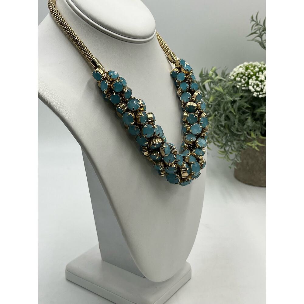Gold Tone Rope Chain Prong Set Faceted Blue‎ Rhinestone Necklace - Picture 5 of 9